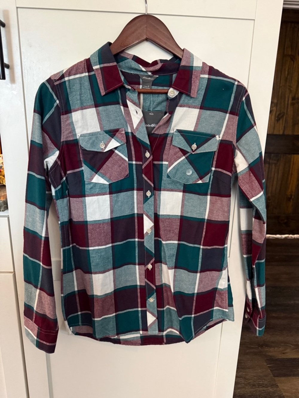 NWT Eddie Bauer Teal, Burgundy & White Plaid Shirt